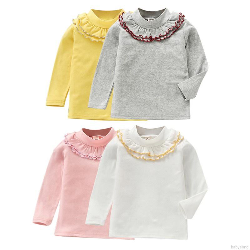 Áo Thun Tay Dài Cổ Bèo Mềm Mại Màu Trơn Cho Bé Gái