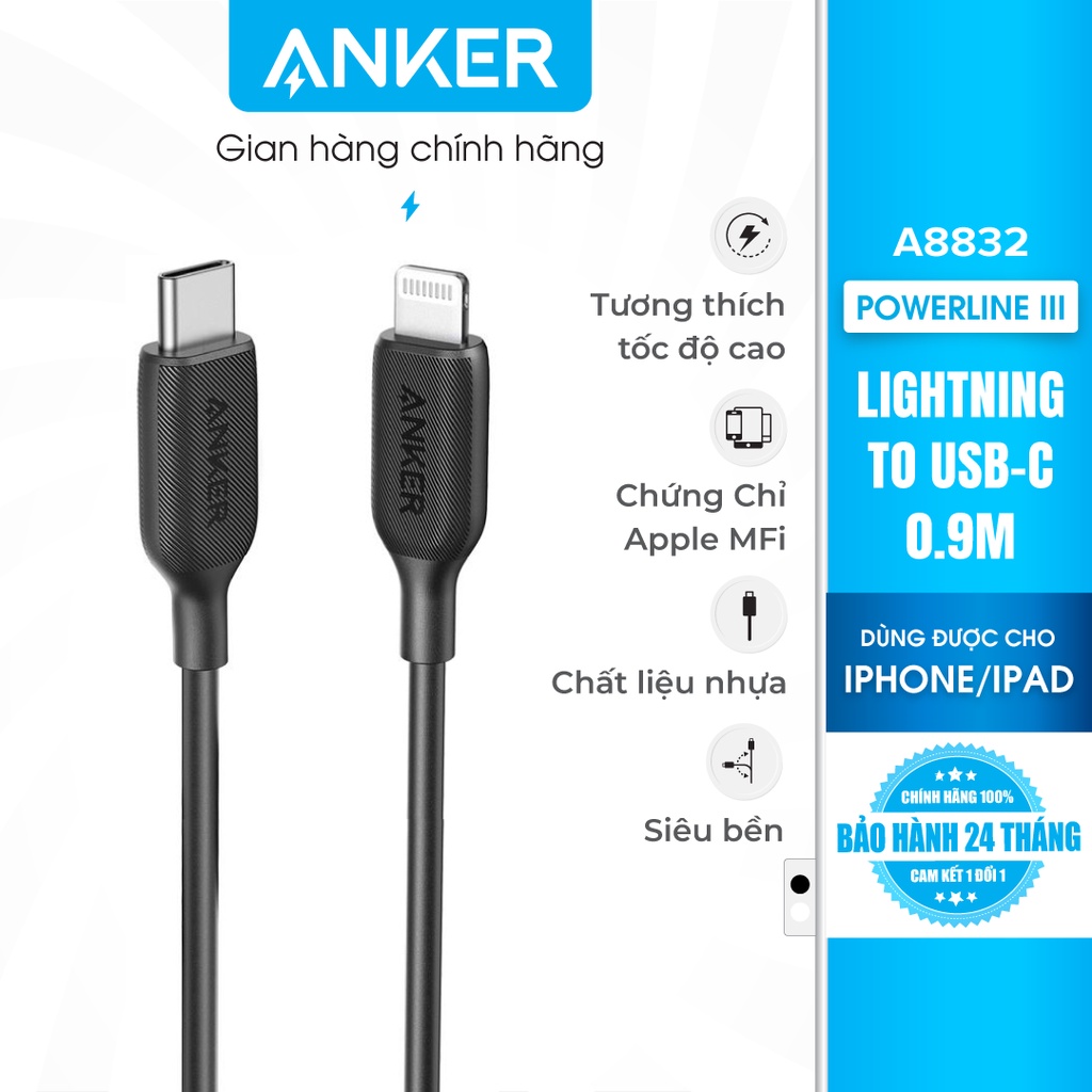 Cáp Anker PowerLine III USB-C to Lightning, 0.9m - A8832