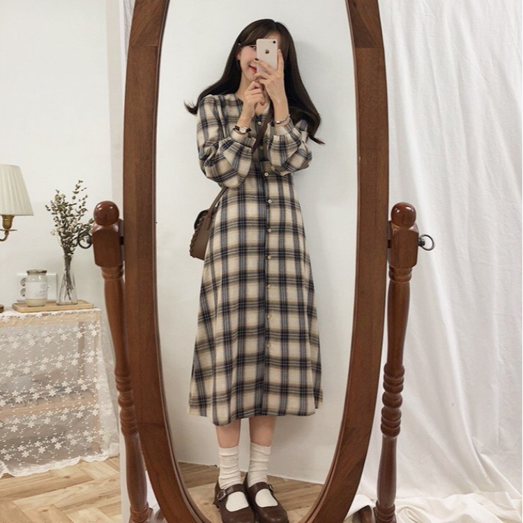 Váy dài vintage caro cổ tim form suông phối khuy phong cách ulzzang Hàn Quốc V12 - Peyy Clothing