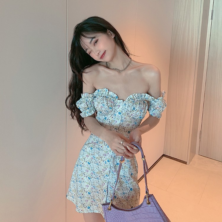 Váy hoa nhí Ulzzang cổ bèo tay phồng dáng váy chữ A cho nữ phong cách cá tính