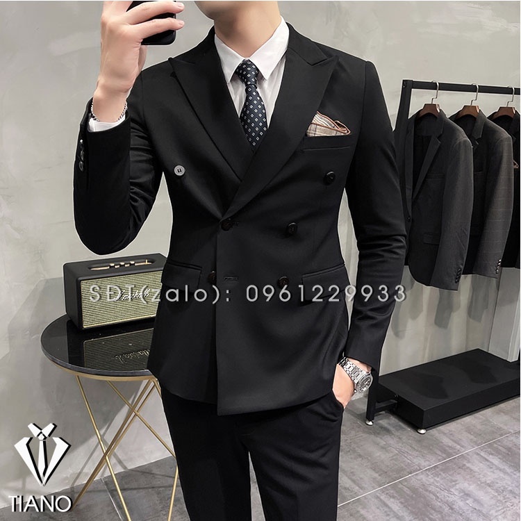 Bộ vest nam 6 khuy màu đen, hàng 2 lớp, quần âu áo vest form chuẩn cao cấp - Quần có chỉnh cạp thông minh