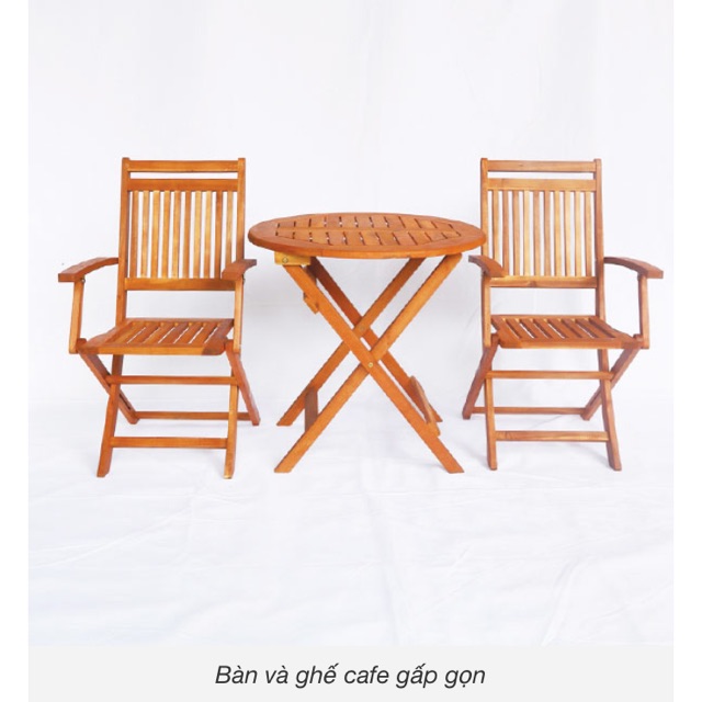 Bộ bàn ghế cafe gỗ tay vịn sân vườn xếp gọn size lớn cao 72cm