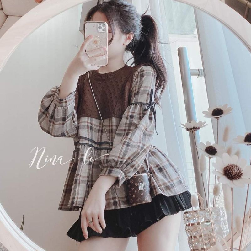 Áo babydoll kẻ caro phối len siêu xinh