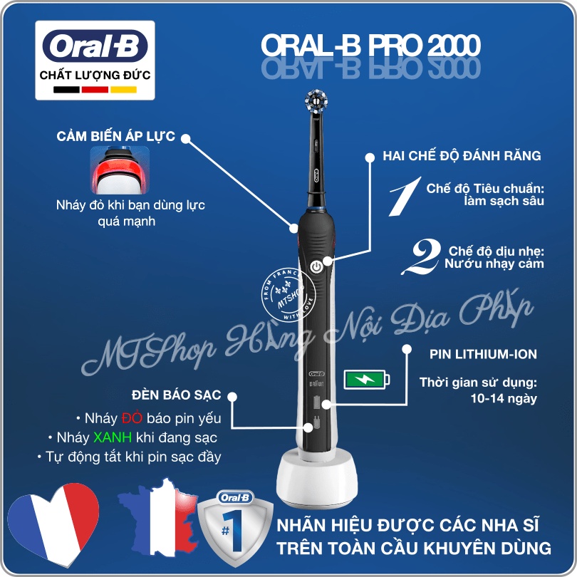 Bàn Chải Điện Oral-B Nội Đia PHÁP Pro 2000/3000: Làm Sạch Sâu, Cảm Biến Áp Lực, Hai Chế Độ Đánh Răng, Chống Nước