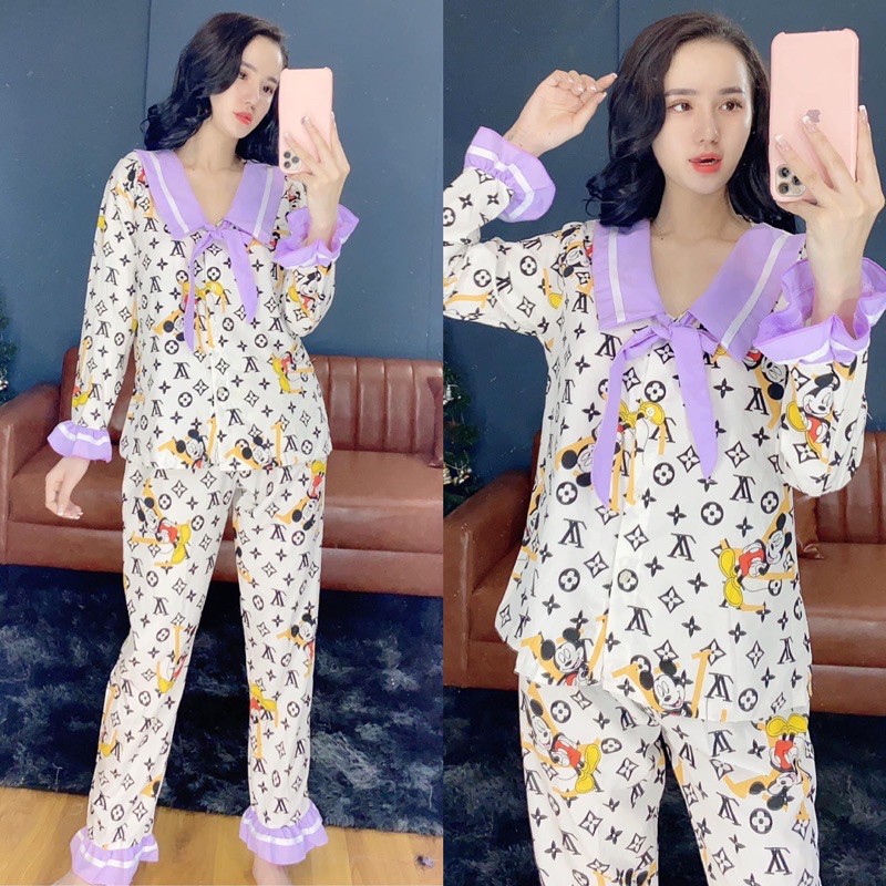 [VIDEO + ẢNH THẬT] Bộ ngủ lụa - Đồ ngủ pijama chữ ký LV tay dài quần dài chất siêu xịn