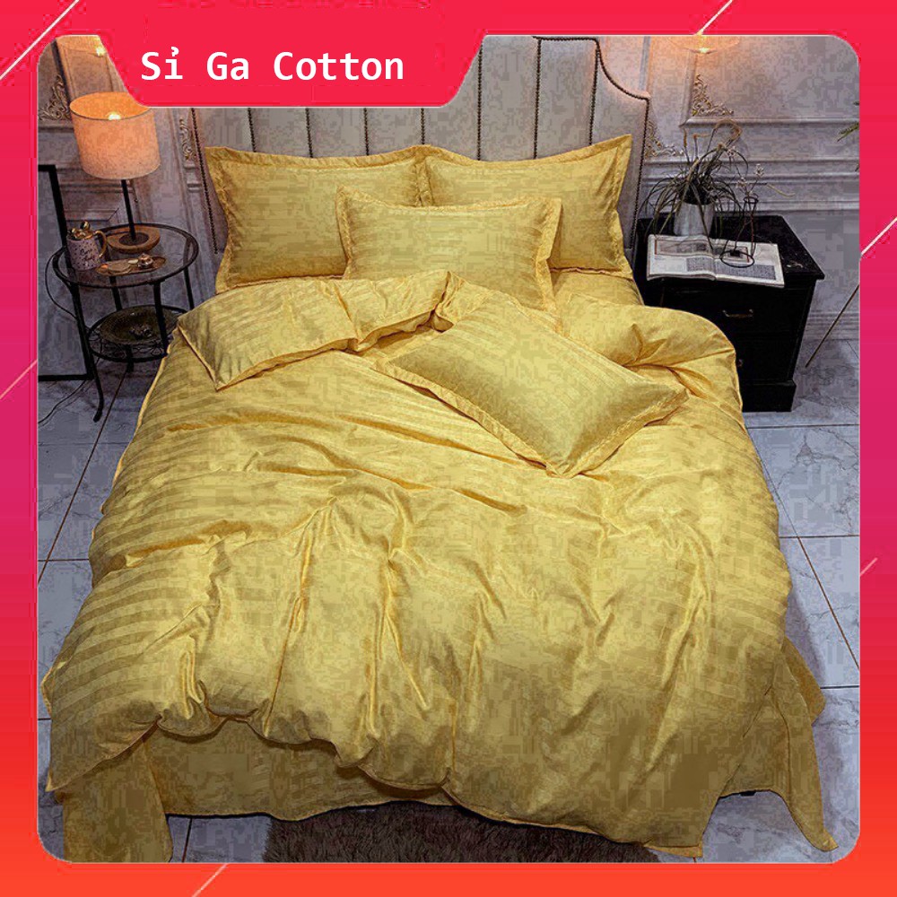 Bộ 4 Món Ga Gối SỌC 3F Vải Cotton Lụa Hàng Chuyên Cho Gia Đình Và Khách Sạn - Vàng Chanh- Sỉ Ga Cotton