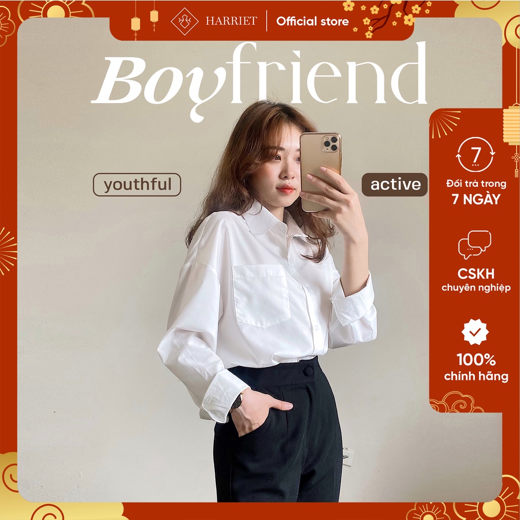 [Mã BMBAU50 giảm 7% đơn 99K] Áo sơ mi nữ trắng túi ngực freesize dáng rộng Boyfriend Harriet