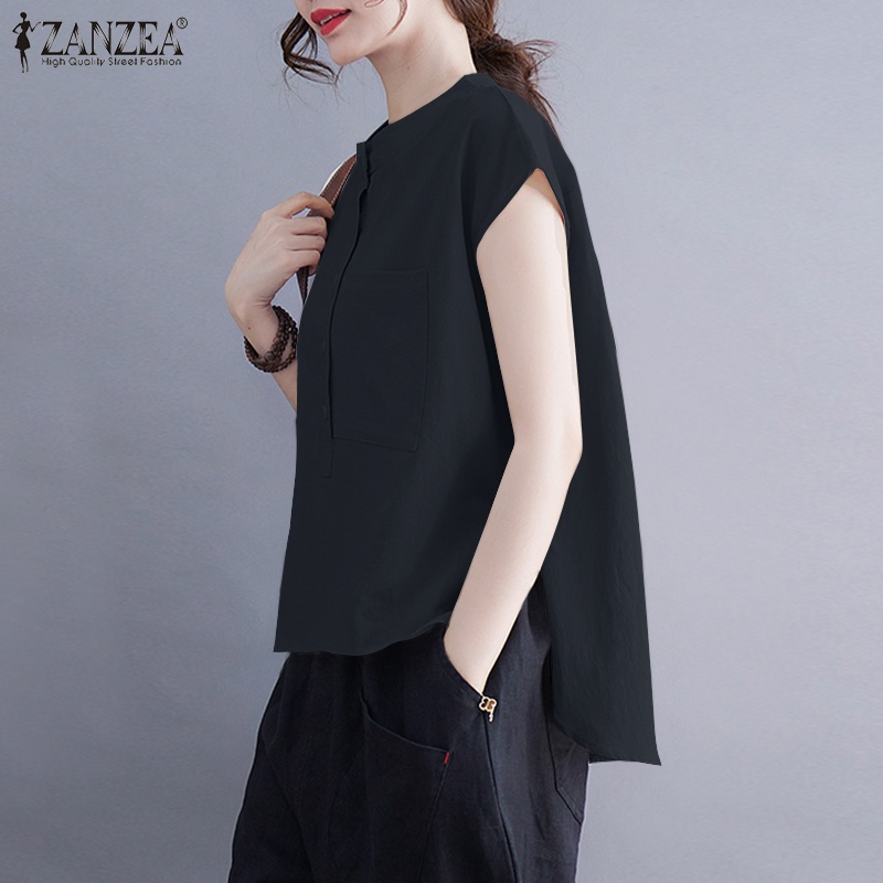 Áo sơ mi ZANZEA tay dài có túi trước màu trơn dành cho nữ