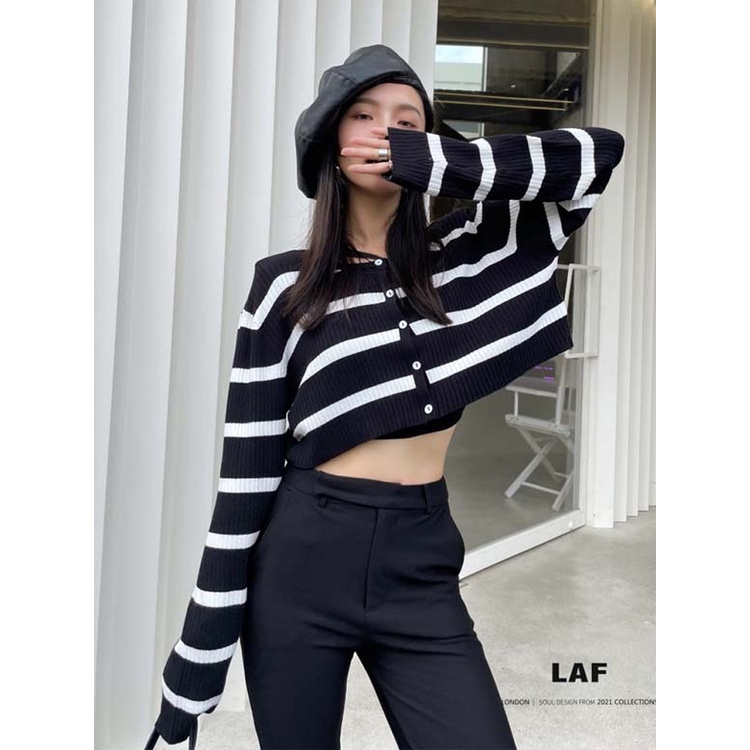 Áo cardigan ZHELIHANGFEI dệt kim kẻ sọc trắng đen lưng cao dáng ôm trẻ trung quyến rũ thời trang cho nữ