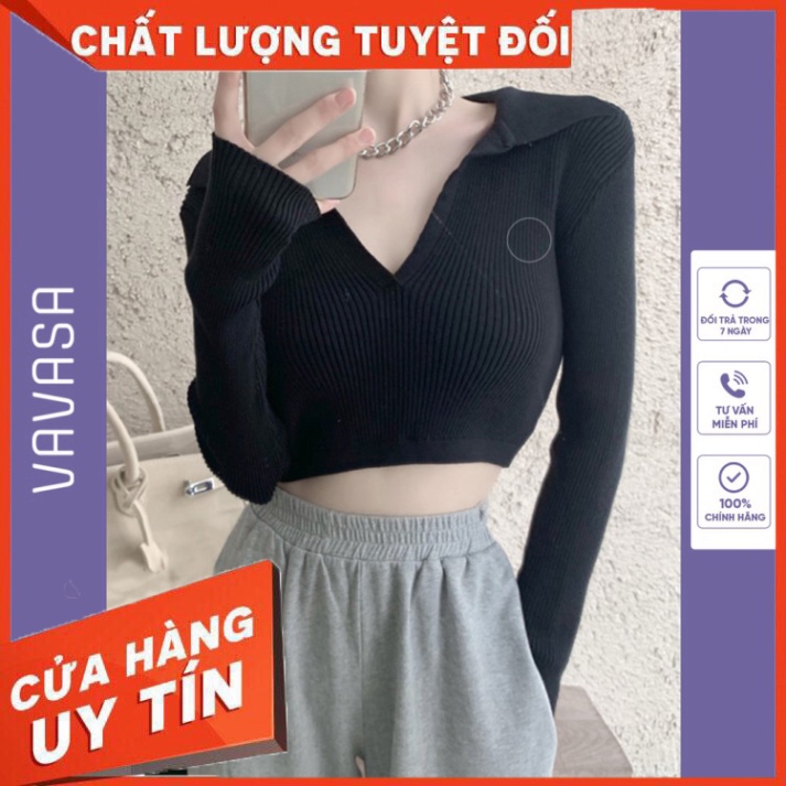 Áo croptop nữ tay dài kiểu ôm polo có cổ bigsize thun body VAVASA CT06 - Hàng nhập khẩu