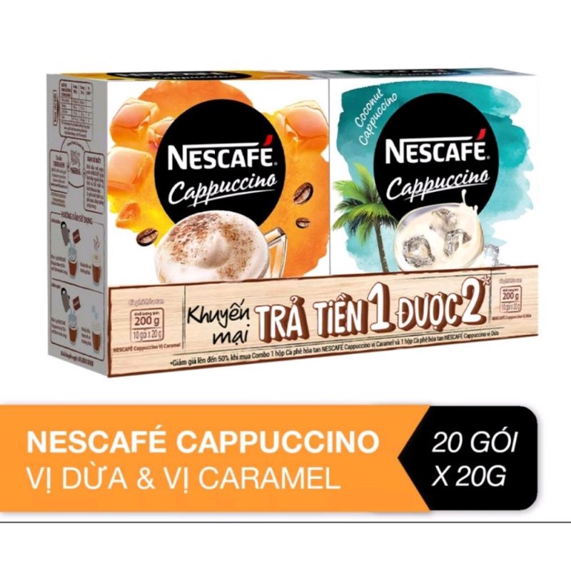 Combo 2 hộp Nescafe Cappuccino Vị Dừa + Cappuccino Vị Caramel