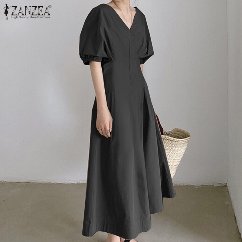 Đầm Zanzea dài tay cổ V tay ngắn phồng xếp ly thời trang cho nữ