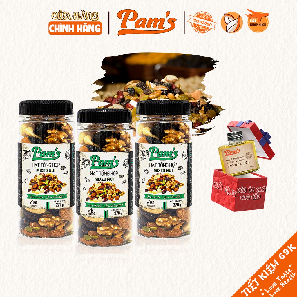 COMBO 3 Hũ Siêu Hạt Mix 6 Loại(Macca, Hạnh Nhân, Điều, Nhân Óc Chó, Hạt Bí, Nho Úc) Pams