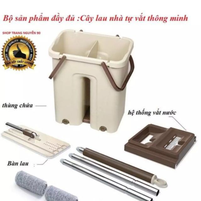 Cây lau nhà tự vắt thông minh - chổi lau nhà 360 độ kèm thùng 2 ngăn- Bộ lau nhà Tặng kèm 2 bông lau siêu thấm