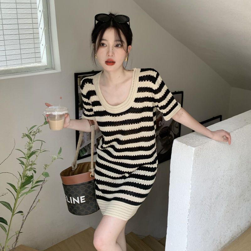 Đầm Thun Dệt Kim Dáng Rộng Họa Tiết Kẻ Sọc Thời Trang Mùa Hè Hàng Mới Dành Cho Bạn Nữ