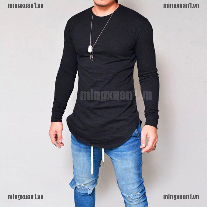 MINON Mens Gym T Shirt Longline Slim Fit Muscle Long Sleeve Curved Hem Tee Tops Casual VN