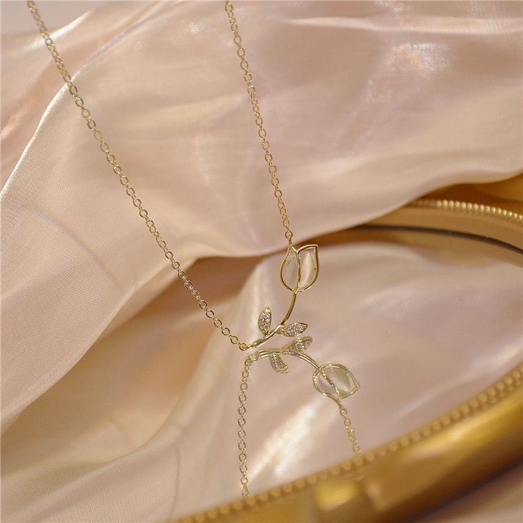 Vòng Cổ Choker Màu Vàng / Bạc Mặt Hoa Tulip Đính Đá Pha Lê Thanh Lịch Thời Trang Cho Nữ