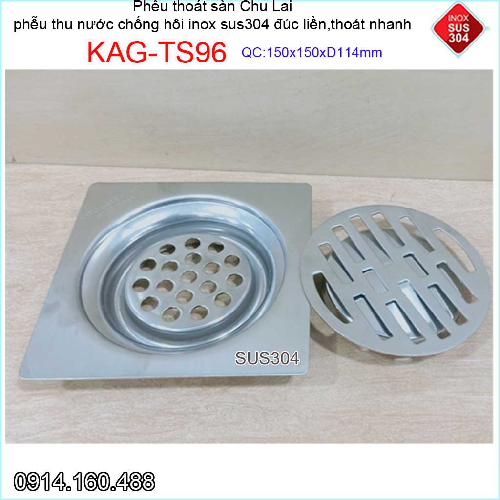 Phễu thoát nước chống hôi 15x15cm KAG-TS96-D114, Thoát sàn Chu Lai ống 11.4cm SUS304 inox đúc dày thoát nhanh chặn tóc t