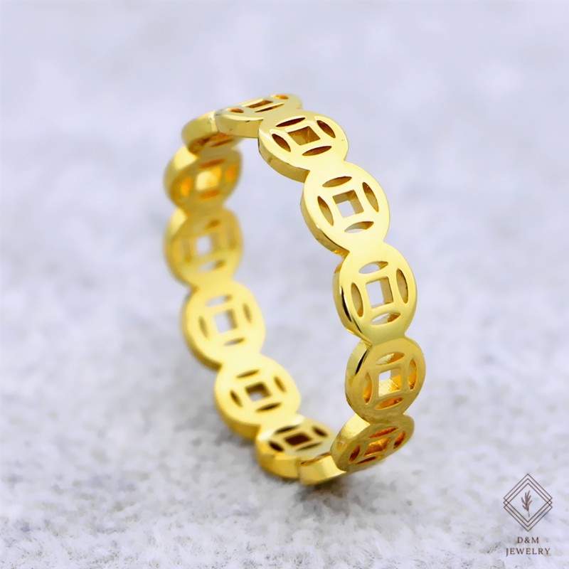Nhẫn Thép Không Gỉ Mạ Vàng 18K Hình Đồng Xu May Mắn Phong Cách Retro