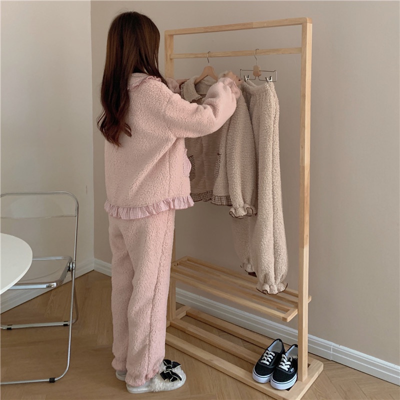 Đồ nữ ngủ Ullzang🌸bộ đồ ngủ mùa đông lông cừu phối viền caro, sét bộ ngủ hàn quốc cổ sen khuy cài ấm áp- THÔNGTHU | BigBuy360 - bigbuy360.vn