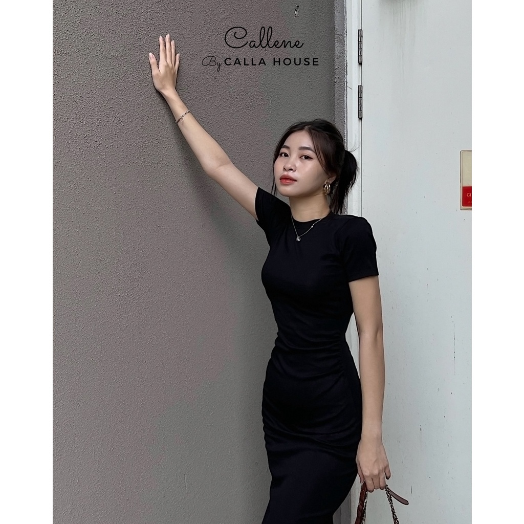 Đầm body nữ dáng dài tay ngắn cổ tròn nhún eo chất thun cotton 4 chiều co giãn Callene (L1481)