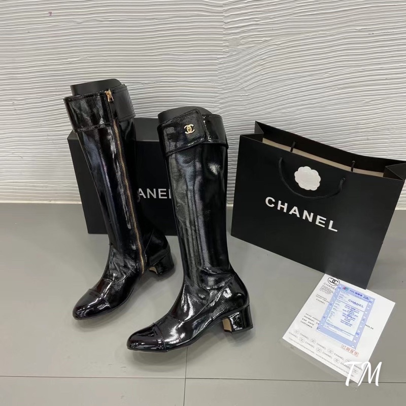 boots nữ cổ cao gót vuông 5cm bốt da bóng gối boot chànel mũi tròn (fullbox Bill túi)