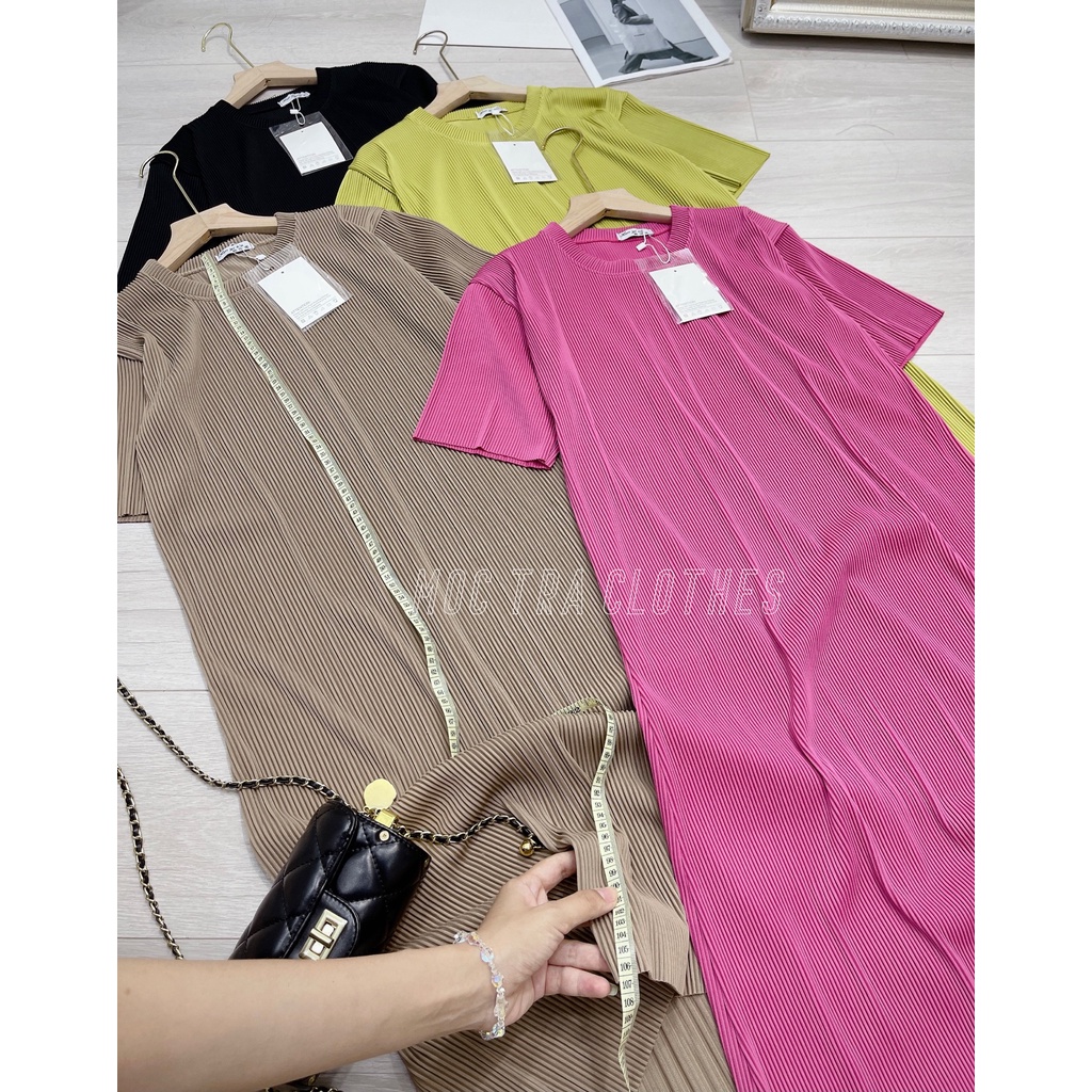 Đầm suông nữ trơn Quảng Châu thiết kế cổ tròn ngắn tay trẻ trung, Váy xuông nữ chất ly tăm dày dặn