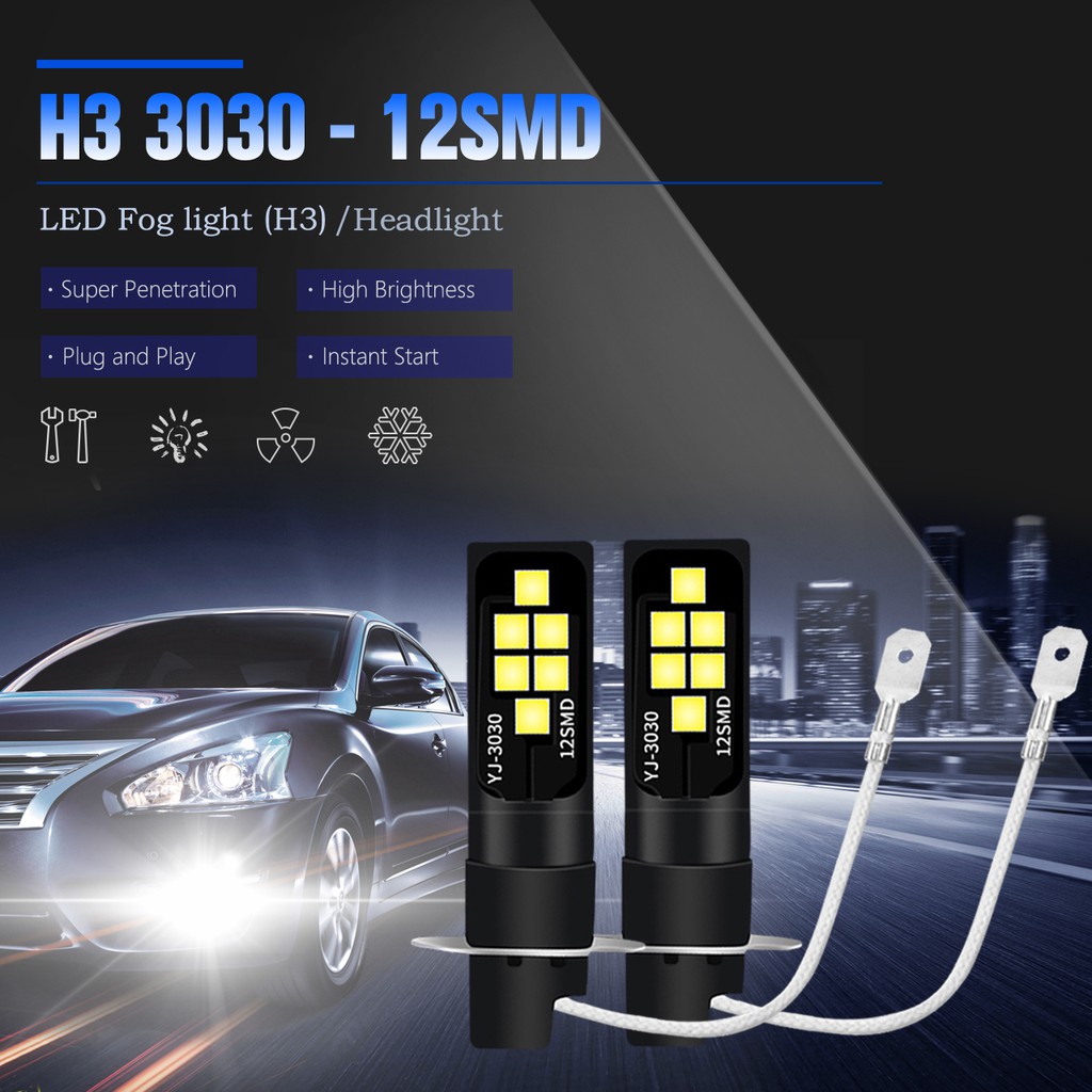 Set 2 Bóng Đèn h3 3030 12smd 12v 6000k Ánh Sáng Trắng / Vàng Dành Cho Ô Tô