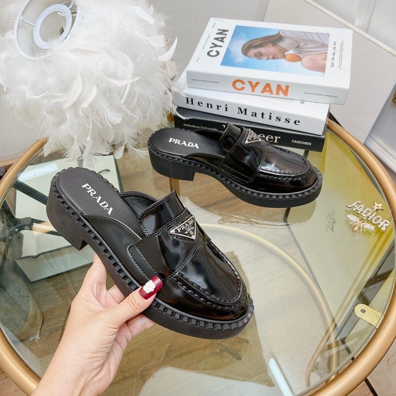 (SIÊU SALE) Giày sục P.R.A.D.A nữ độn đế cao 5cm da bóng cực xịn