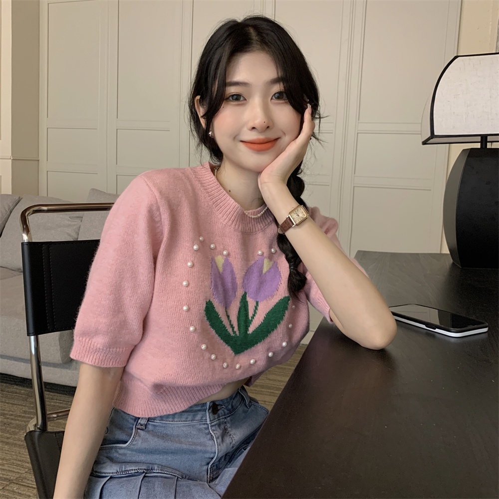 Áo thun dệt kim ZHELIHANGFEI tay ngắn dáng rộng hợp thời trang dễ phối đồ