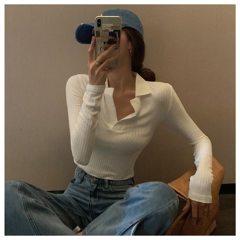 Áo Thun Lửng Tay Dài Cổ Polo Màu Sắc Đơn Giản Cho Nữ