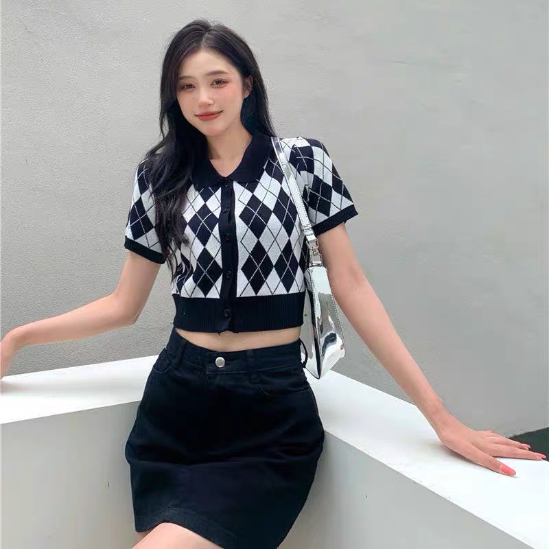 Áo Polo Croptop Dệt Kim Nữ Cộc Tay Hàng Quảng Châu Cao Cấp