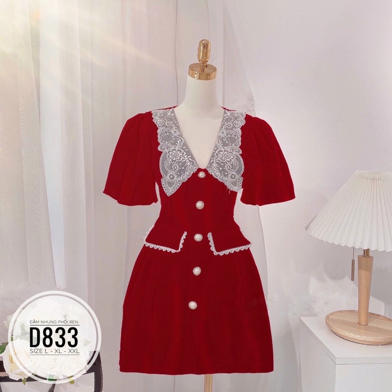 Bigsize  váy nhung phối ren cổ siêu xinh - đầm cổ ren dự tiệc siêu xinh