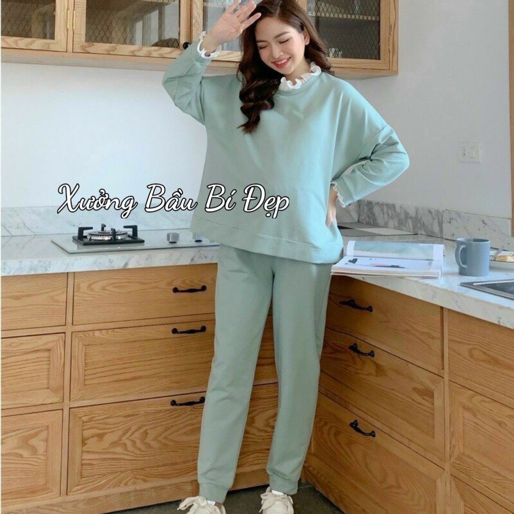 bộ đồ bầu dài tay nỉ da cá dày dặn cổ ren bánh bèo BD908