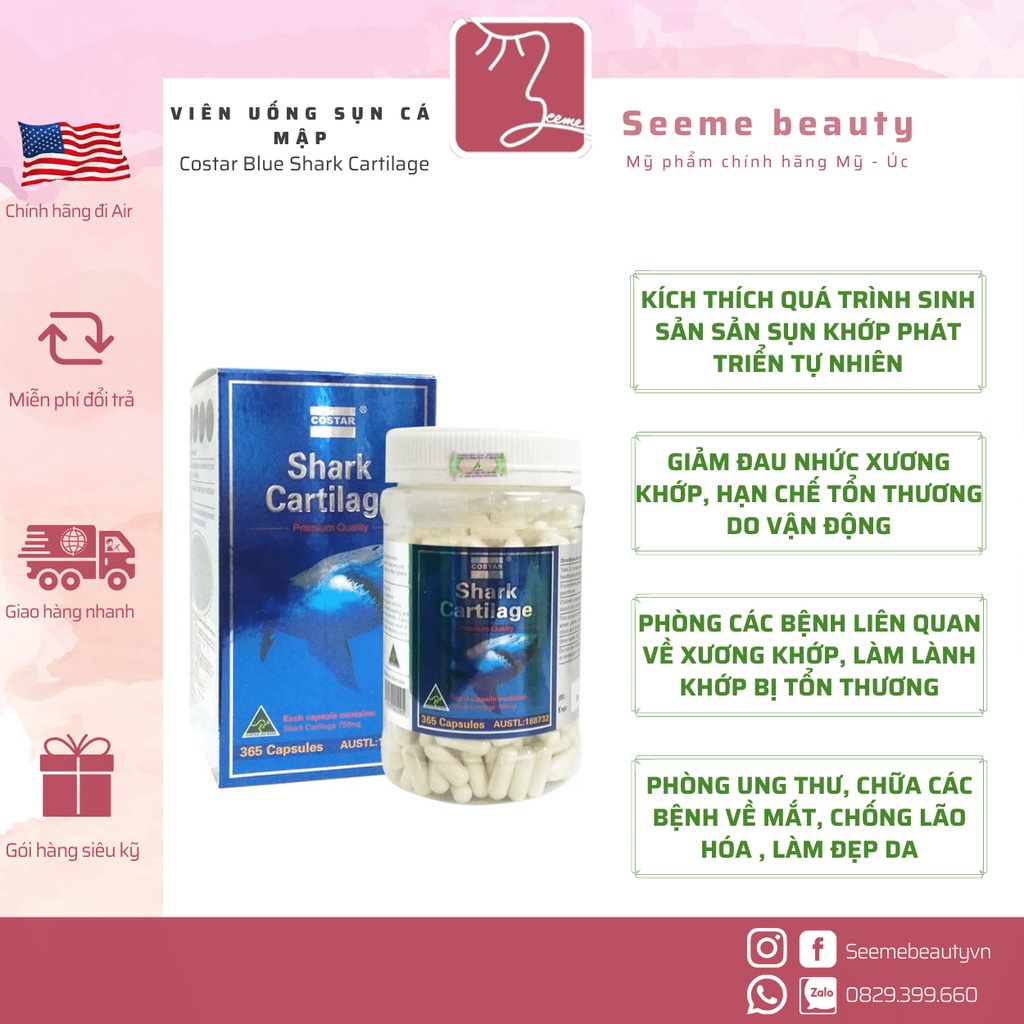Viên Uống Sụn Cá Mập Costar Blue Shark Cartilage 750mg 365 viên Seeme Beauty