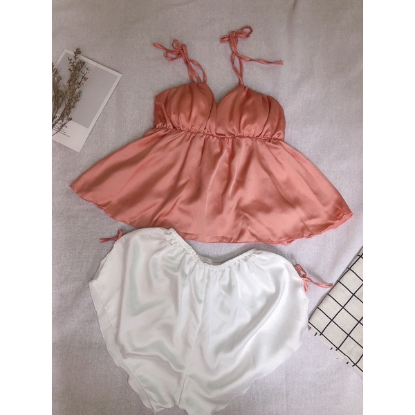 Bộ Ngủ Hai Dây buộc nơ ,quần trắng ,có đệm ngực, Chất lụa Satin mềm mại, mịn mát có Ảnh Thật video trải sàn | BigBuy360 - bigbuy360.vn