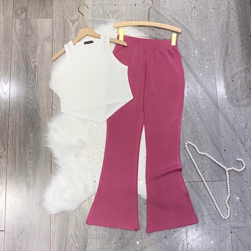 Set Bộ Áo Croptop Vạt Nhọn Quần Ống Loe Ảnh Thật
