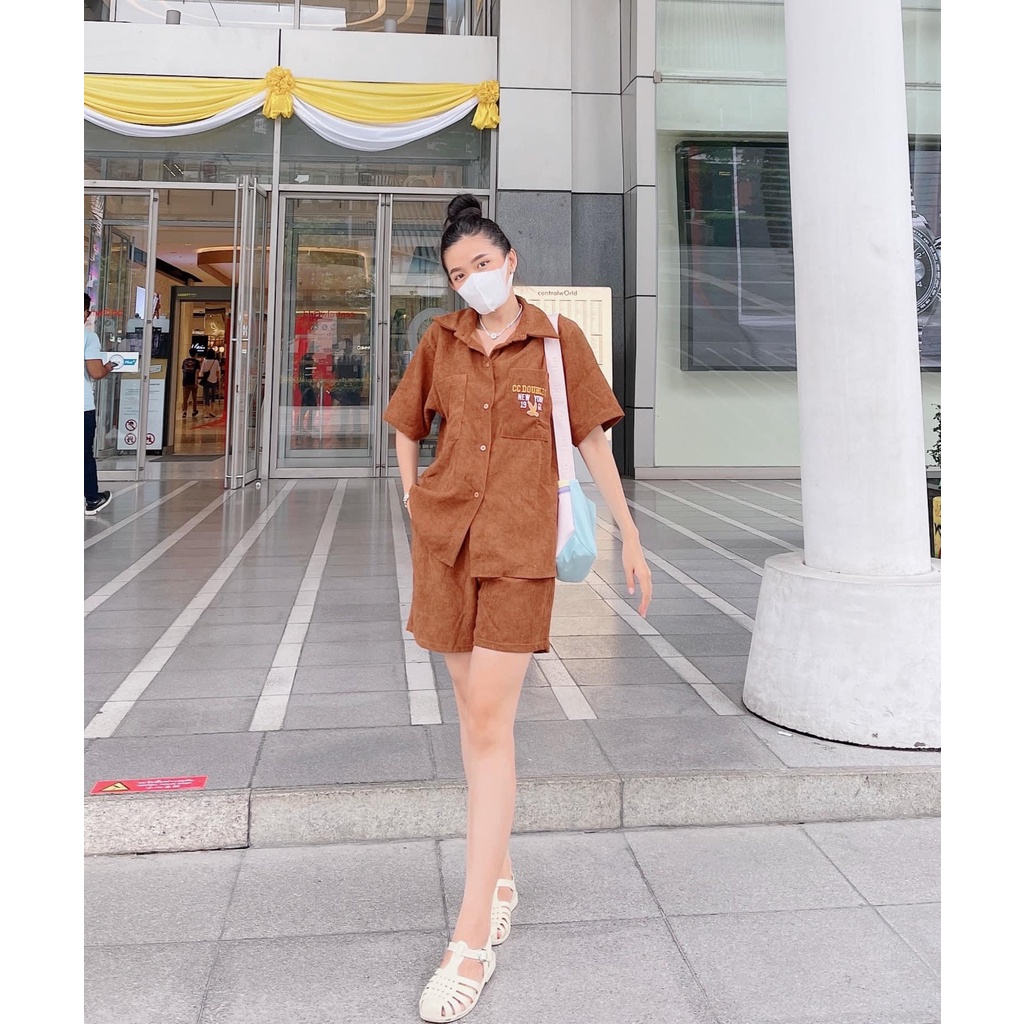 Set sơ mi nhung tăm thêu chữ mix quần short đùi BN200