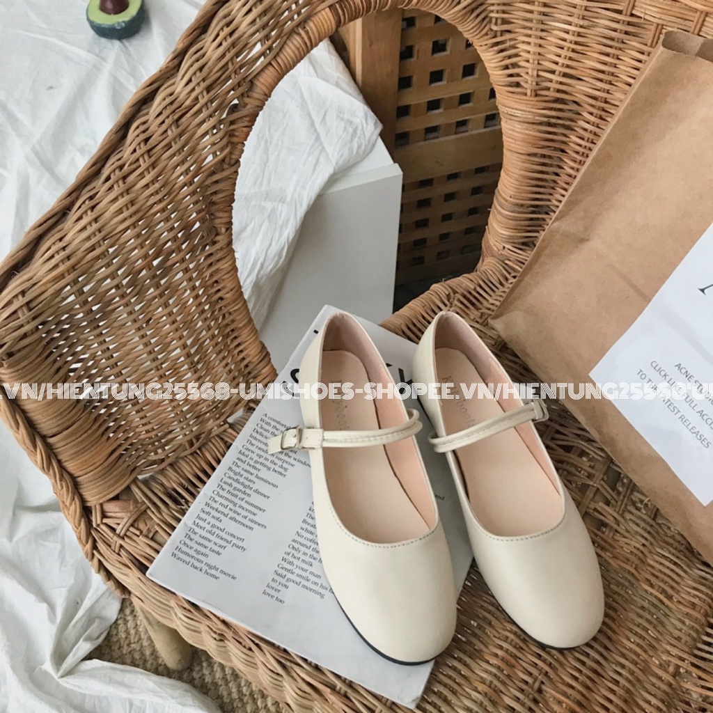 [NOWSHIP HN] Giày búp bê nữ ulzzang đẹp thời trang mũi tròn đế bệt da mềm đơn giản quai cài ngang màu đen/be mới xinh