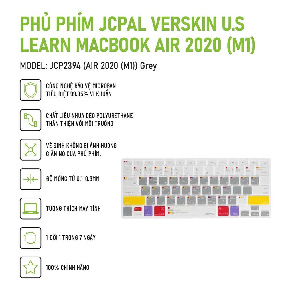 Phủ phím JCPAL Verskin U.S Learn Macbook Air | Pro 13 2020 (M1) cao cấp, kháng khuẩn