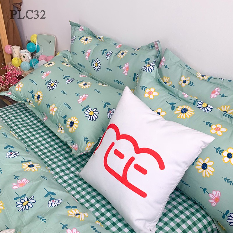 Bộ chăn ga gối Poly Cotton REE Bedding PLC32 caro xanh hoa nhí đủ size giường nệm