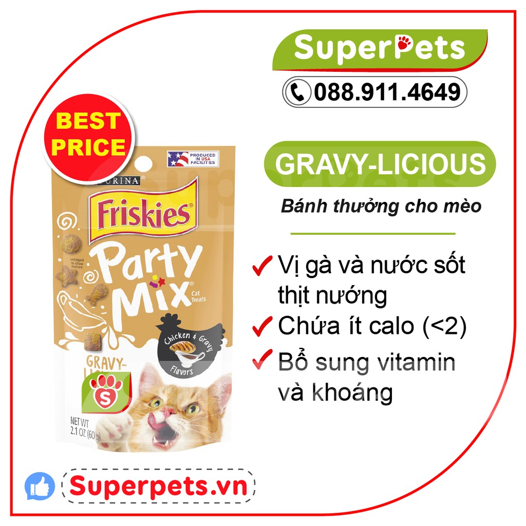 Purina Friskies Party Mix Vị Gà, Nước Sốt Thịt Nướng-Bánh Thưởng Cho Mèo Trưởng Thành 170 g/gói(USA)