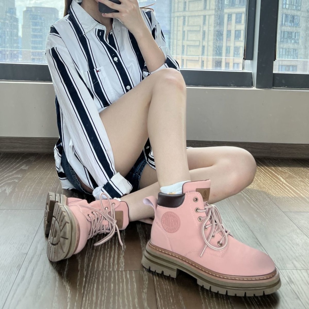 Giày Bốt Martin Đế Dày Cổ Cao Mũi Tròn Màu Hồng Thời Trang Cho Nữ