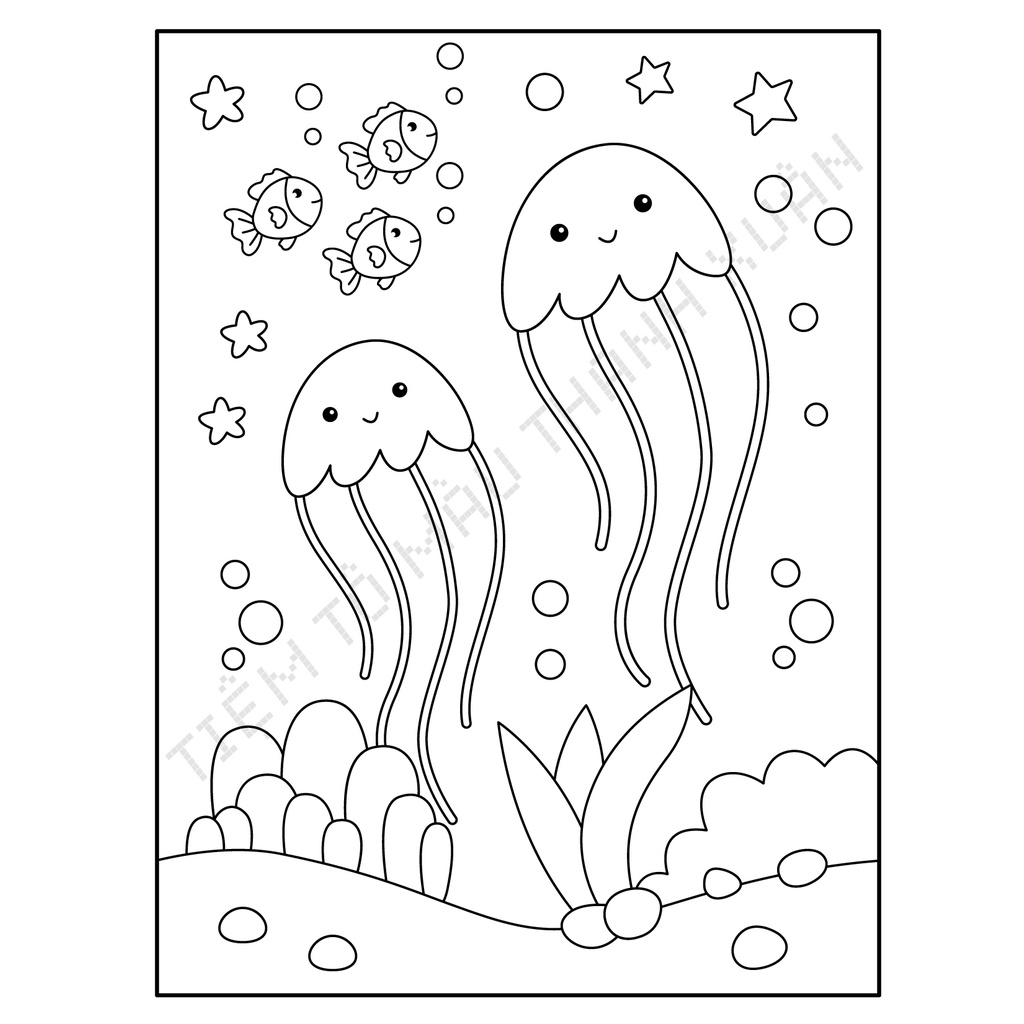 Set 20 Tờ Tranh Tô Màu Hình Sứa Jellyfish Cute Tô Màu Sáp, Màu Chì - Tiệm Tô Màu Thanh Xuân