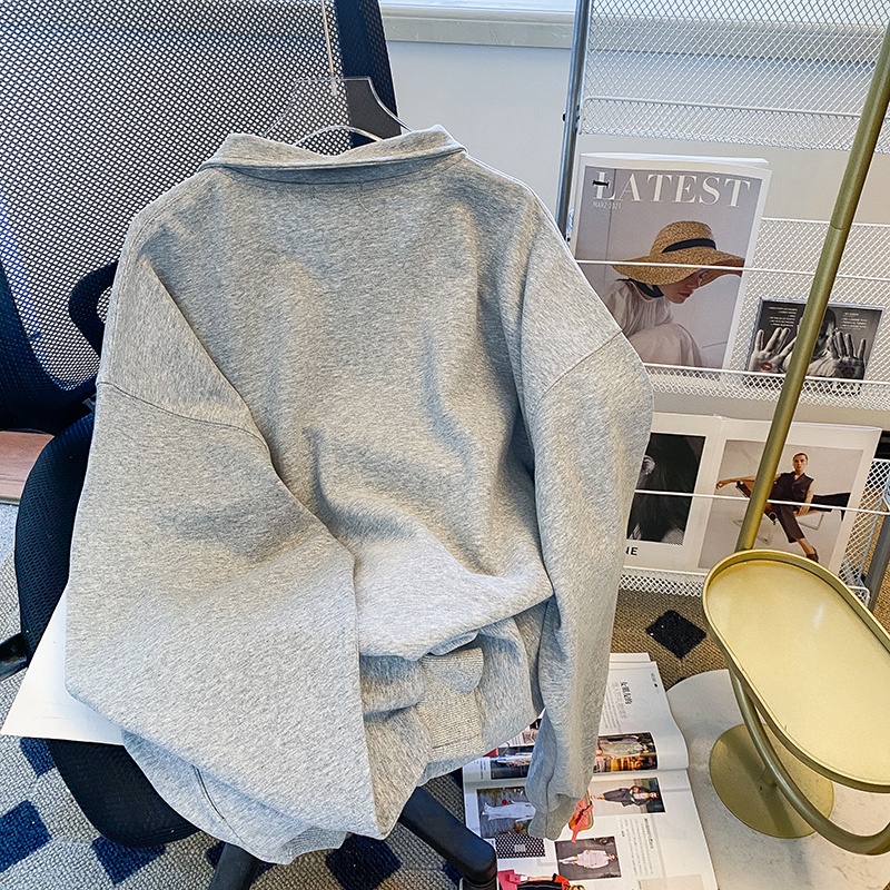 Áo Thun Tay Dài Có Dây Kéo Form Rộng Theo Phong Cách Preppy Dễ Phối Đồ