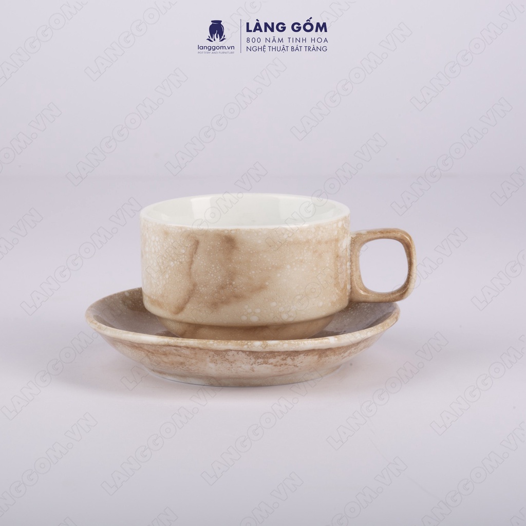 Cốc cà phê Cappuccino vân đá kèm đĩa, dáng vuông, dung tích 150ml, gốm sứ Bát Tràng cao cấp giữ nhiệt - LÀNG GỐM