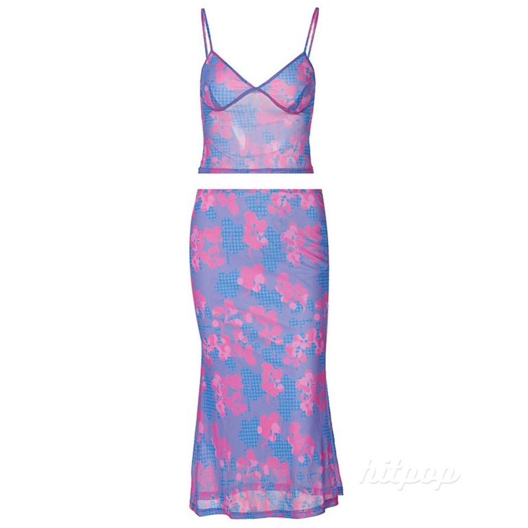 Hitpop-Women Summer 2 Pieces Outfits, Fashion Print Plaid V-Neck Sleeveless Camisole Sling Tank Tops + Midi Skirt Set