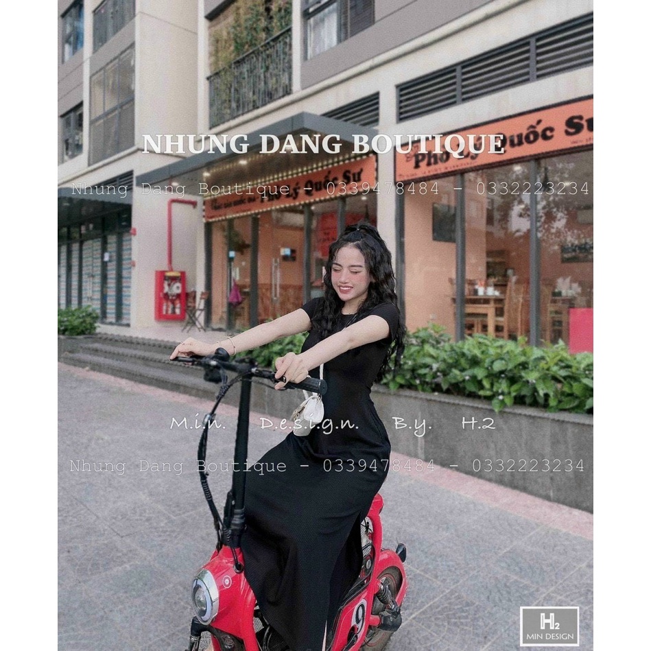 [10.10 Sale Freeship] Váy maxi xẻ tà dài dáng suông màu đen cổ tròn ôm body, đầm dạo phố cộc tay ôm body sexy tôn dáng