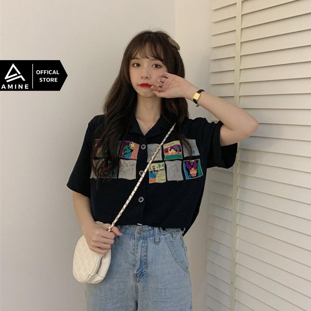 Áo sơ mi nữ đẹp, Sơ mi tay ngắn Free size thêu hình phong cách Hàn Quốc M01 | BigBuy360 - bigbuy360.vn