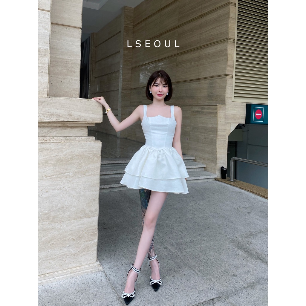 Váy Xòe Tầng Nhún Ánh Kim V1375 — LSEOUL Barbie Mini Dress Vải Gấm Sang Trọng Nữ Tính